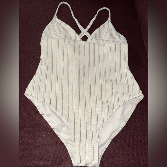 H&M Beige with Light Blue and Black Vertical striped Swimsuit - Picture 1 of 4